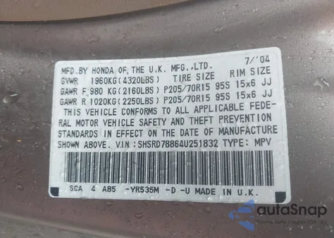 2004 Honda Cr-V Ex from USA, damaged, VIN SHSRD78864U251832